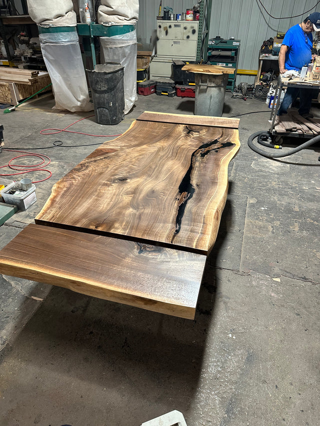 Black Walnut Single Slab Breadboard Dining Table with Extendable Leaves