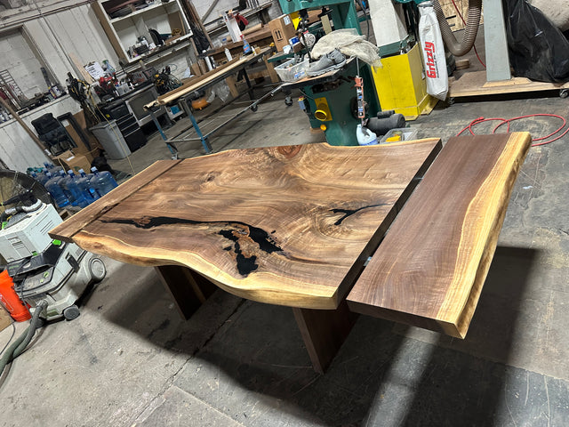 Black Walnut Single Slab Breadboard Dining Table with Extendable Leaves