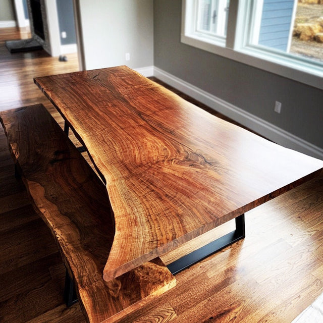 Live Edge Claro Walnut Single Slab Dining Table with Bench
