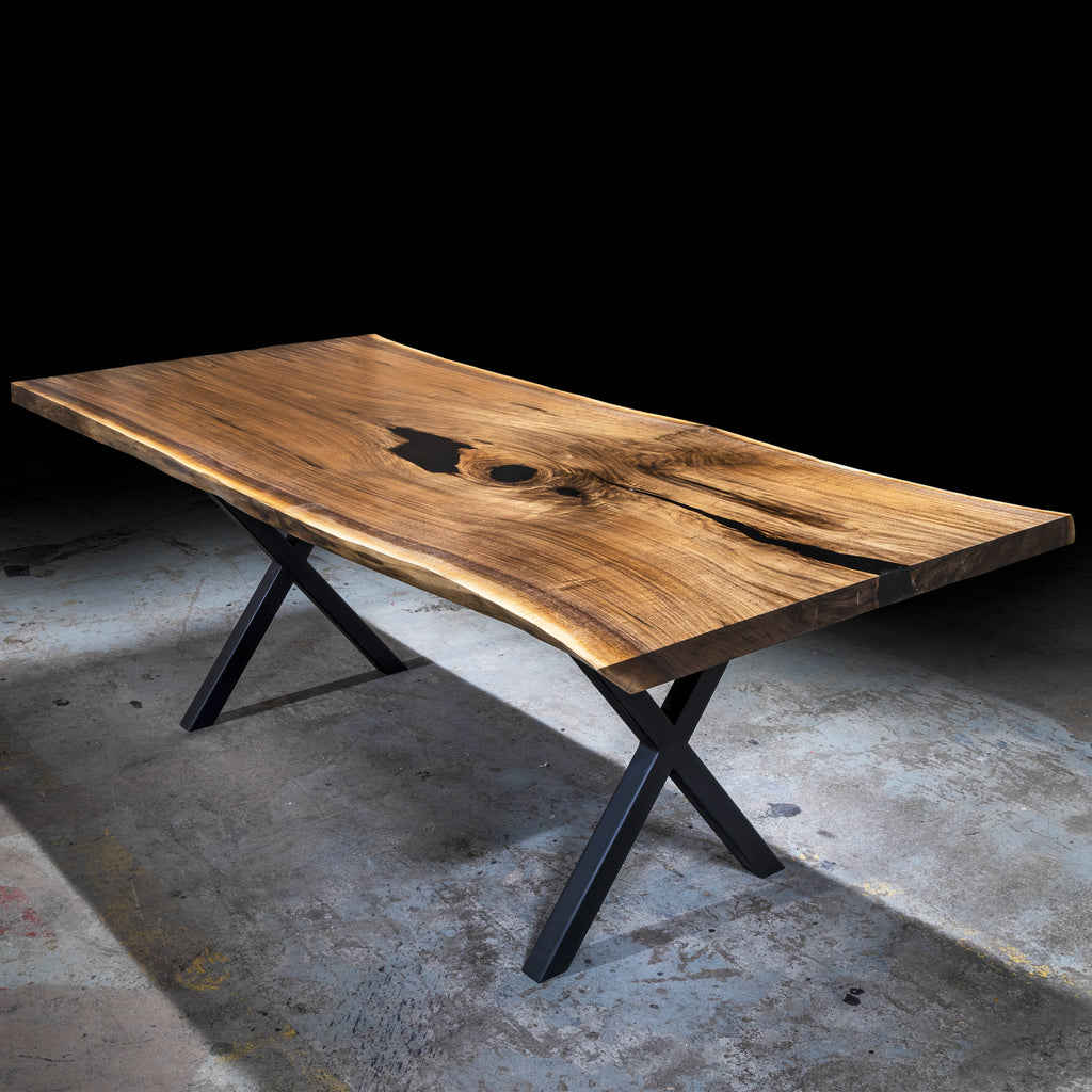 Black Walnut Live Edge Dining Table with X shaped metal legs
