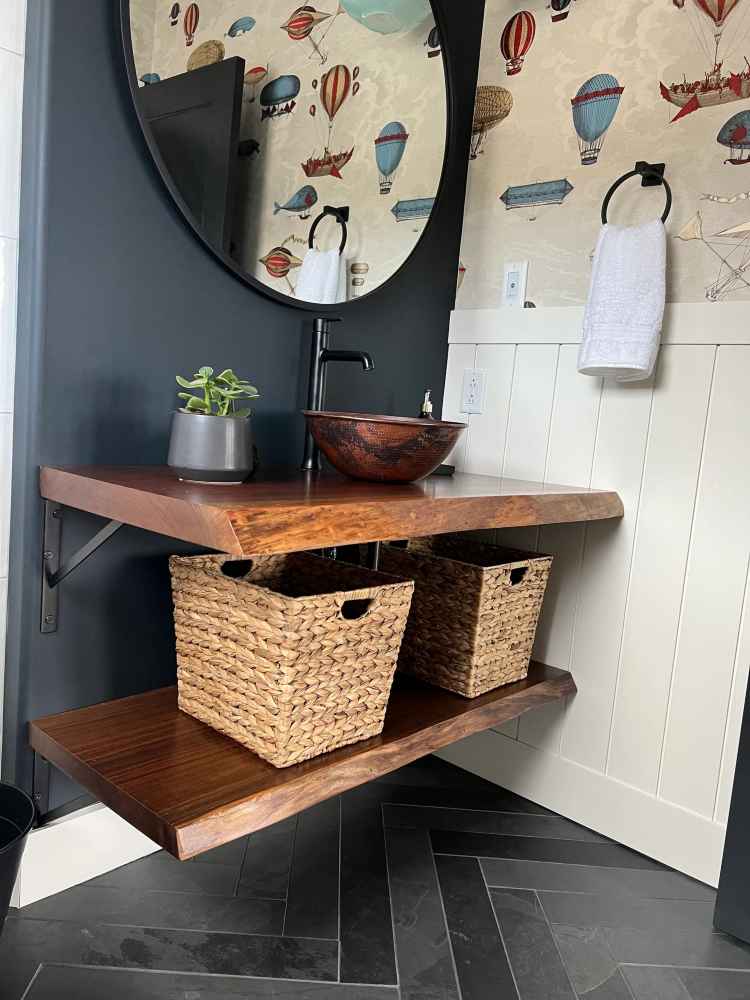 Thick Live Edge Black Walnut Vanity with Bottom Shelf