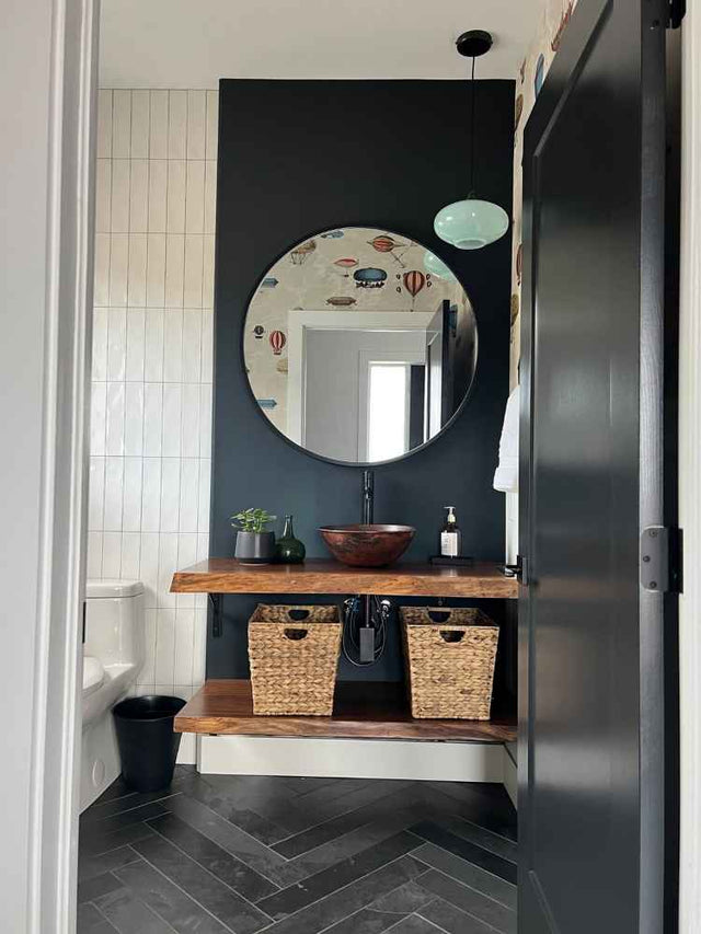 Thick Live Edge Black Walnut Vanity with Bottom Shelf