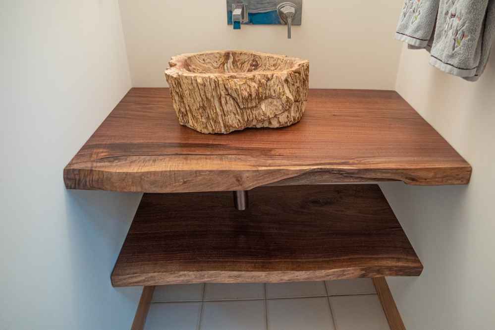 Thick Live Edge Black Walnut Vanity with Bottom Shelf