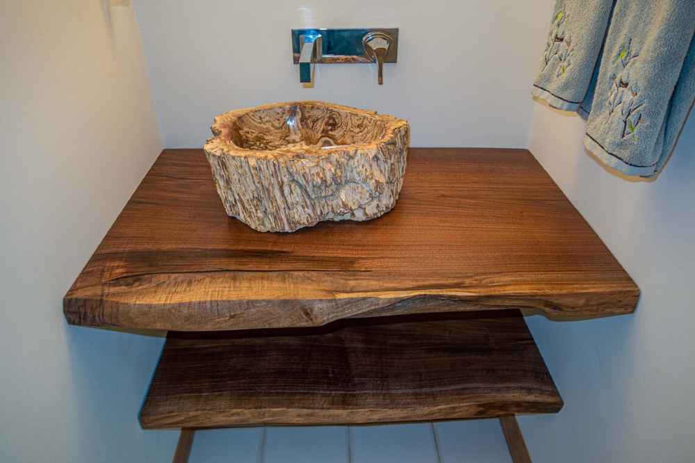 Thick Live Edge Black Walnut Vanity with Bottom Shelf