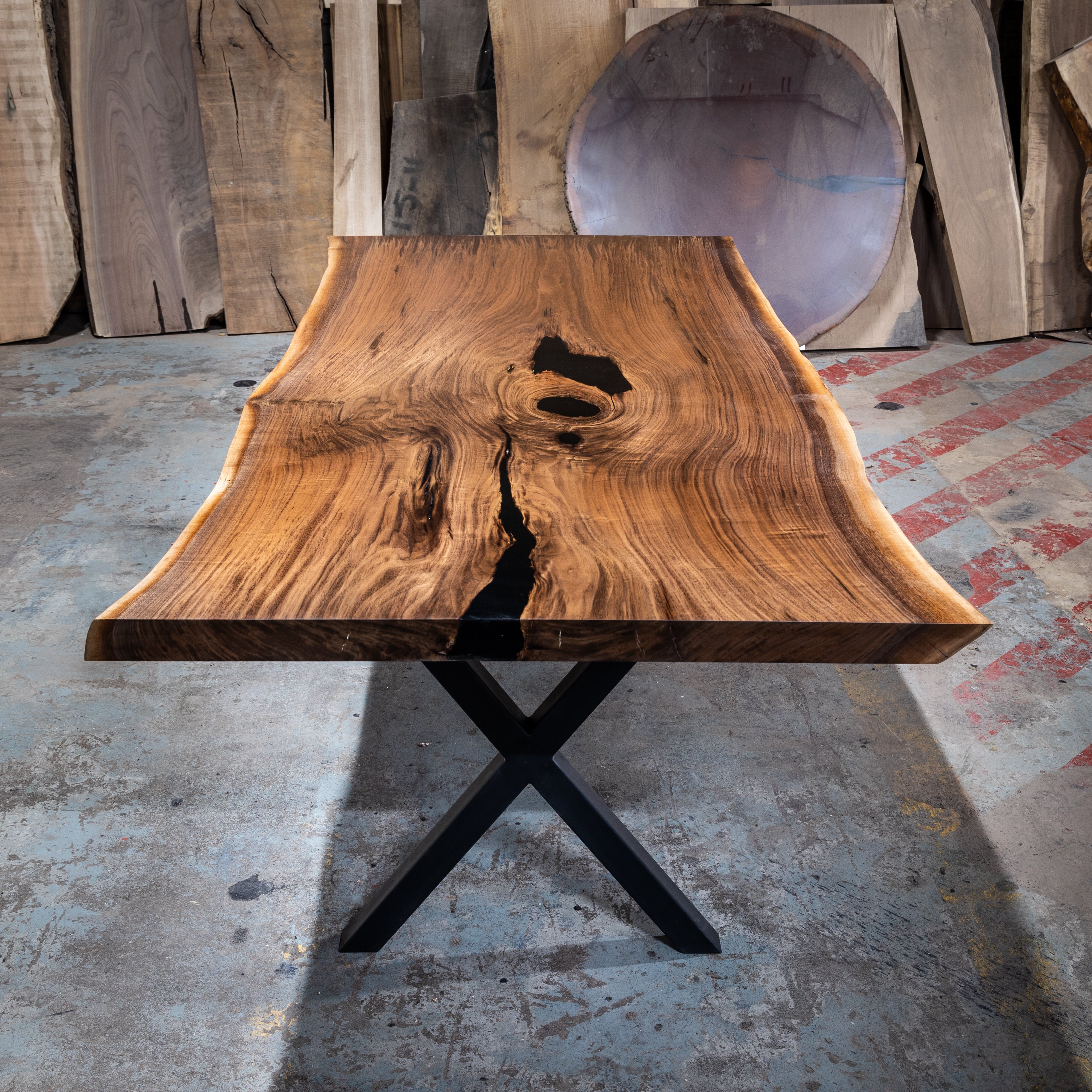 Live Edge Dining Table with X shaped metal legs