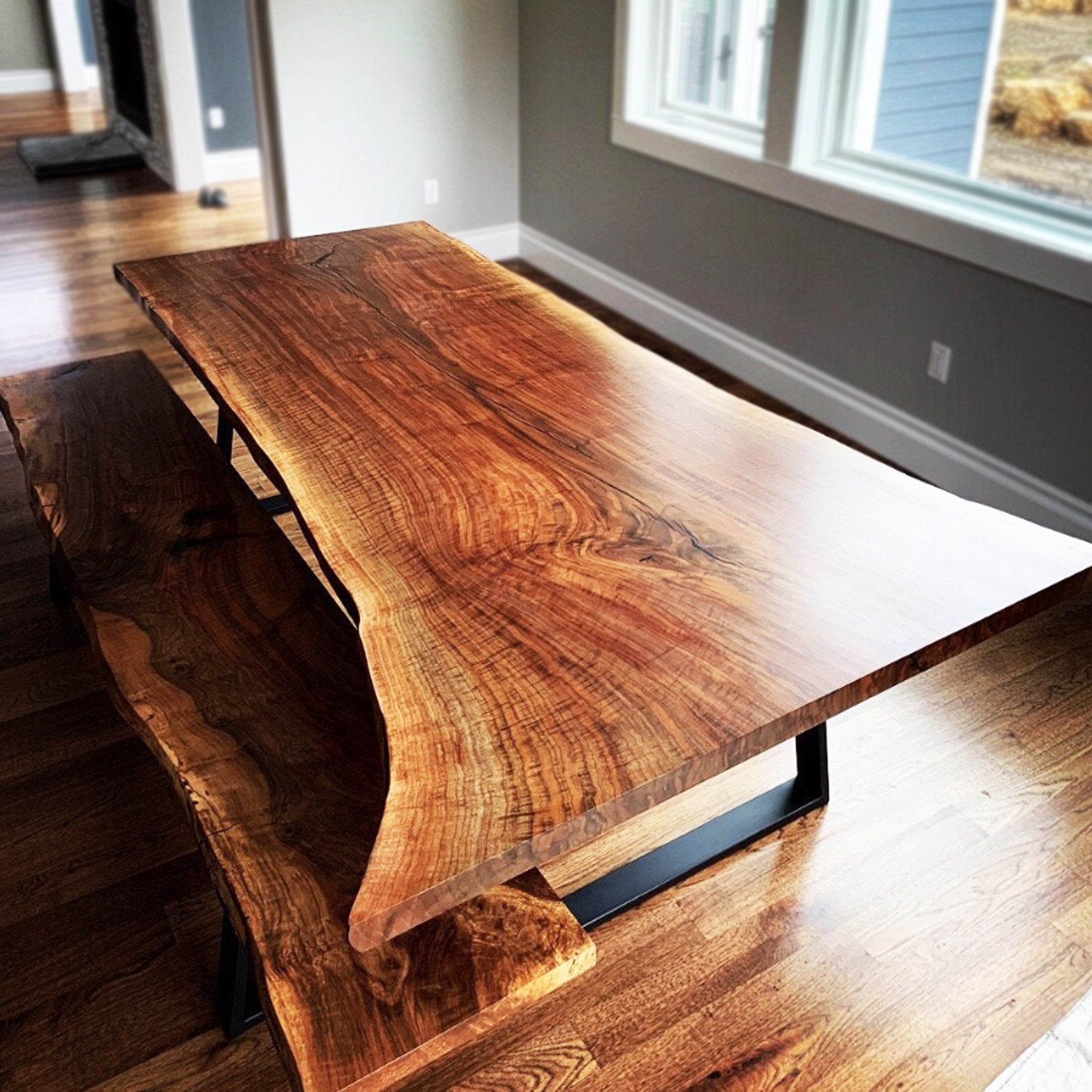 Live Edge Claro Walnut Single Slab Dining Table with Bench