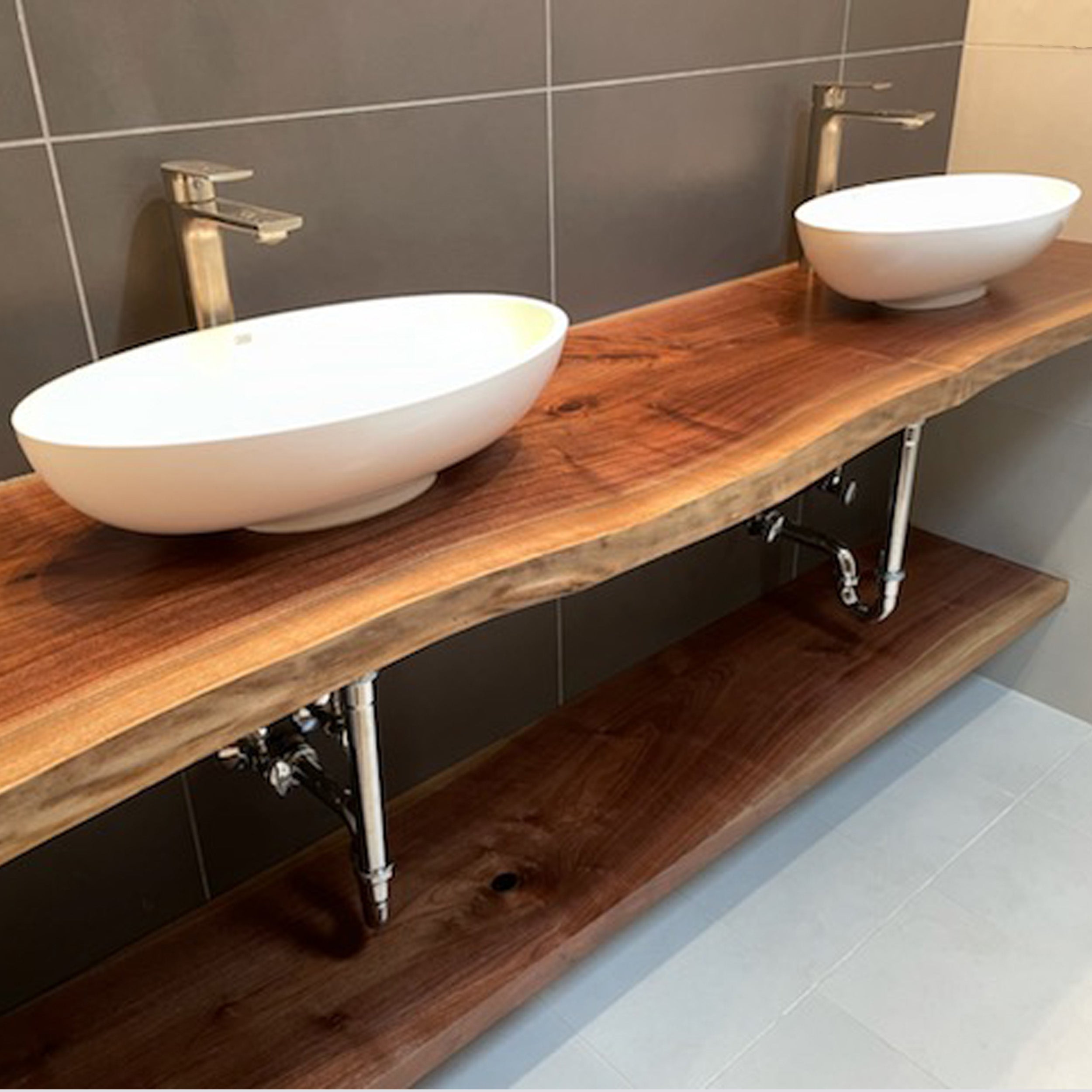 Custom Made Bathroom Wood Floating Vanity Shelf, Sink Live Natural