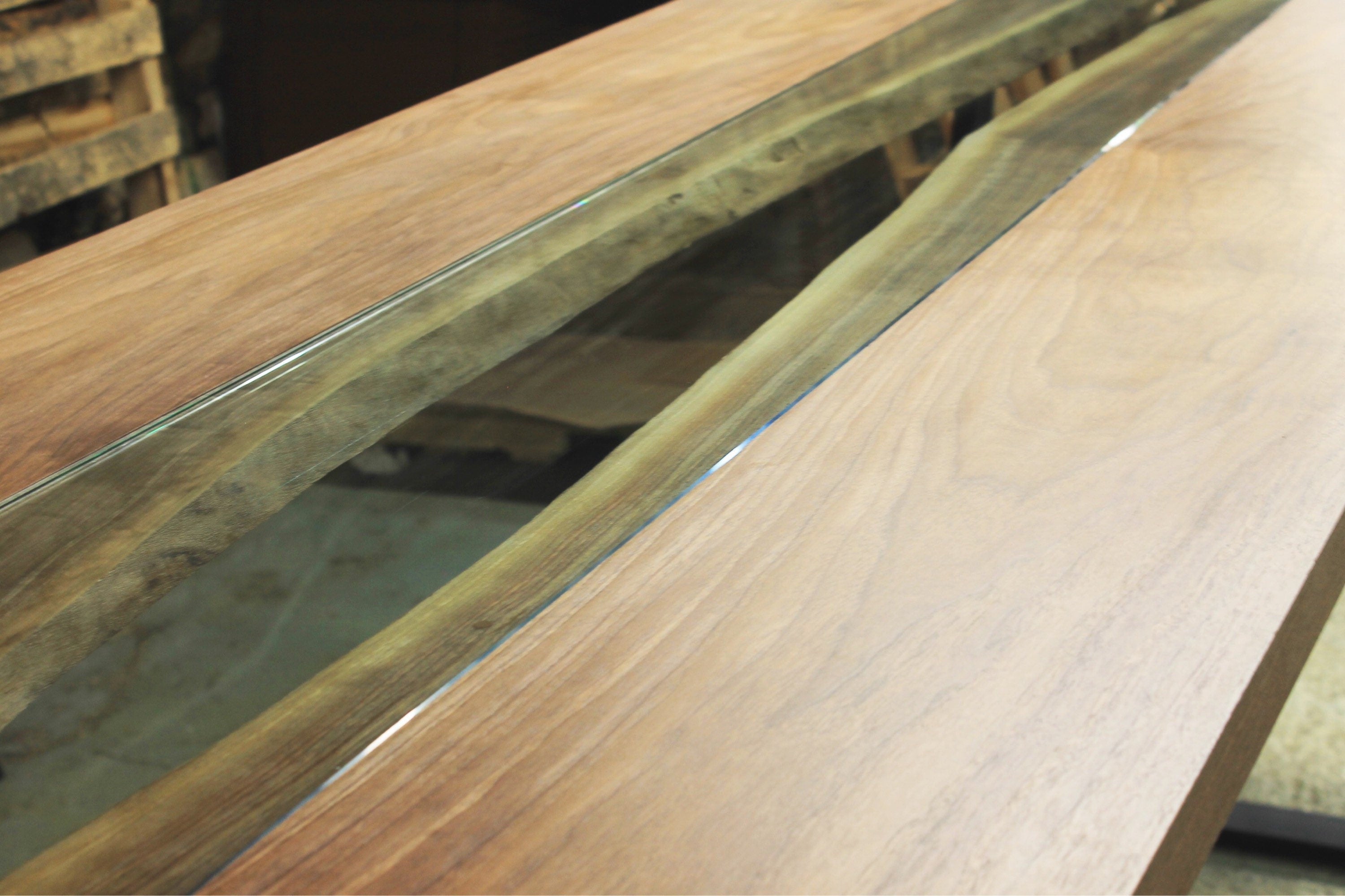 Handmade Black Walnut Live Edge River Kitchen Table with invented glass