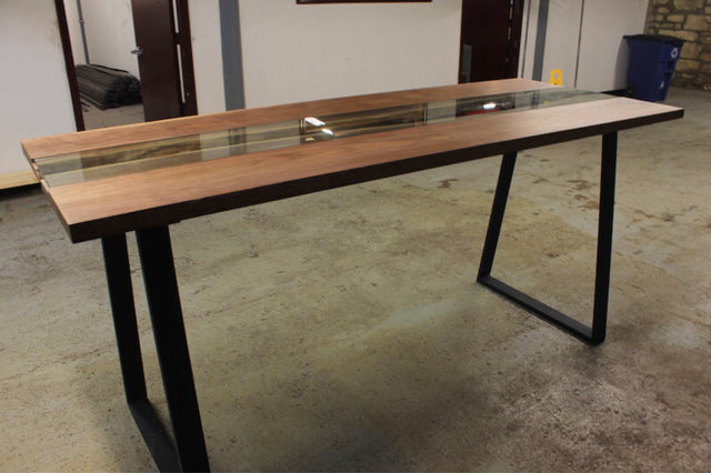 Handmade Black Walnut Live Edge River Kitchen Table with invented glass