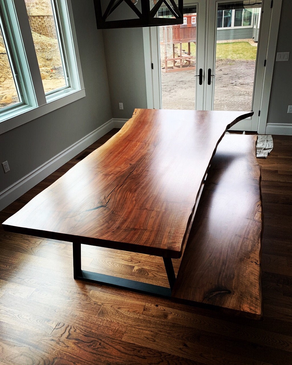 Live Edge Claro Walnut Single Slab Dining Table with Bench