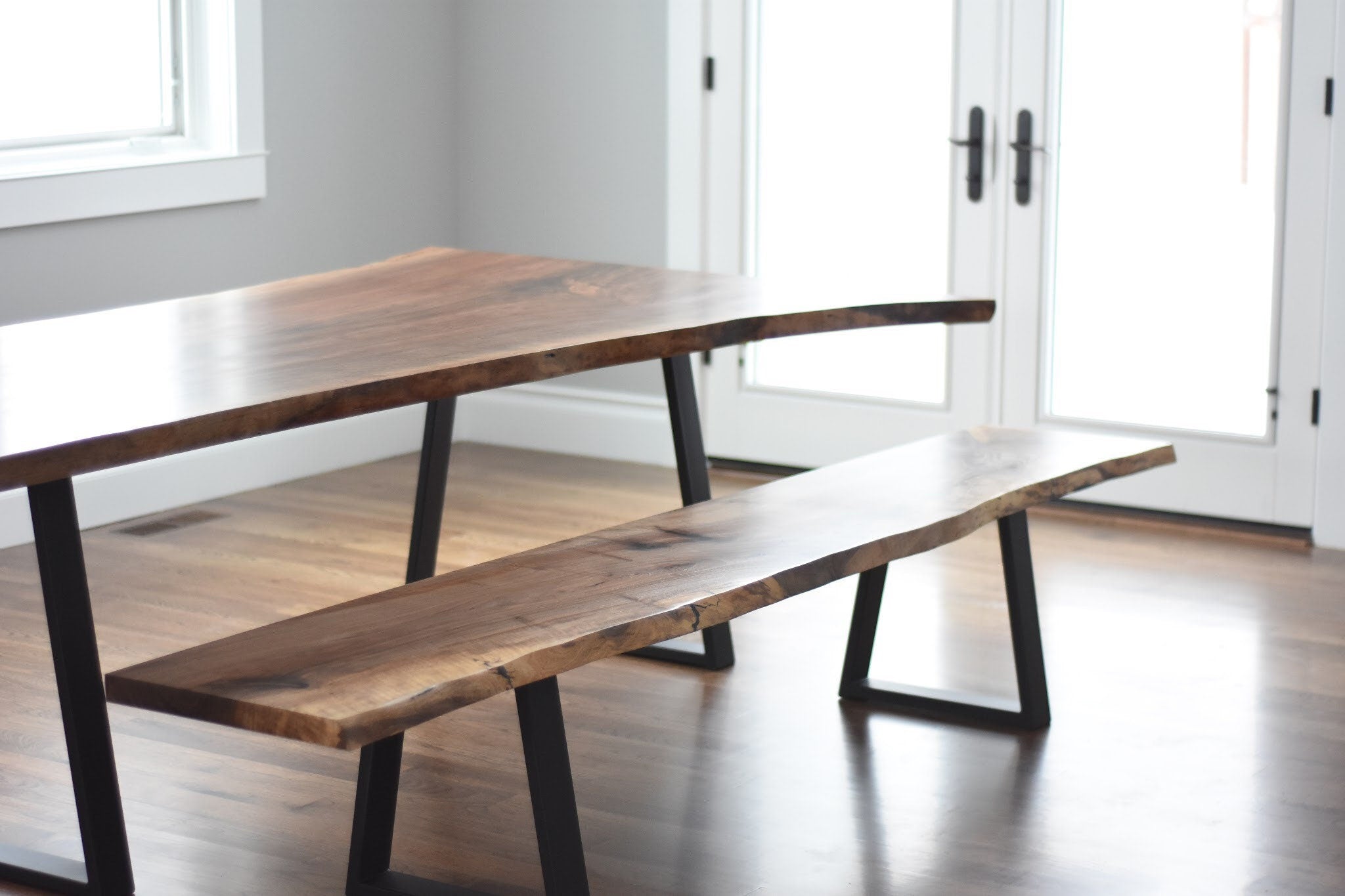 Live Edge Claro Walnut Single Slab Dining Table with Bench