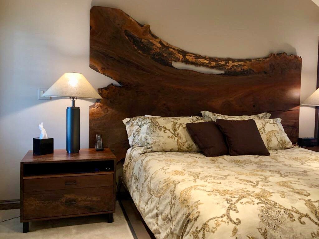 Bedside Tables in Walnut with Live Edge Headboard 1