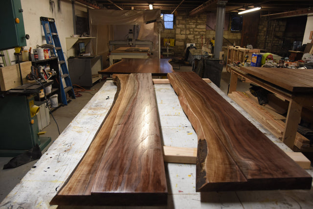 Handmade Black Walnut Live Edge River Kitchen Table with invented glass