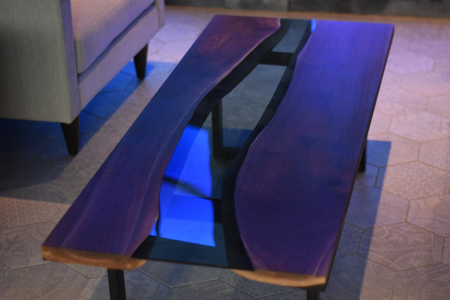 Live Edge Black Walnut Contemporary River Glass Coffee Table