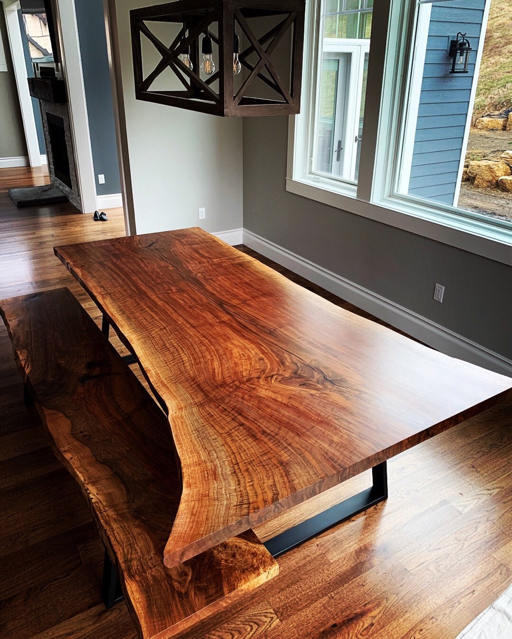 Live Edge Single Slab Dining Table with Claro Walnut Bench Chicago Makers Studio 