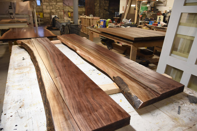 Handmade Black Walnut Live Edge River Kitchen Table with invented glass