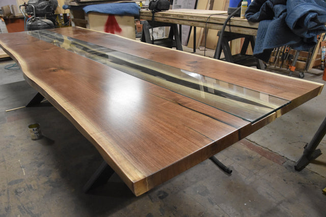 Live Edge Dining Table with River Glass in Black Walnut