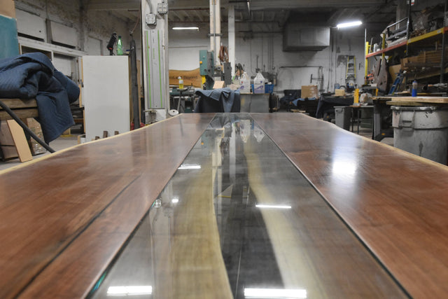 Live Edge Dining Table with River Glass in Black Walnut