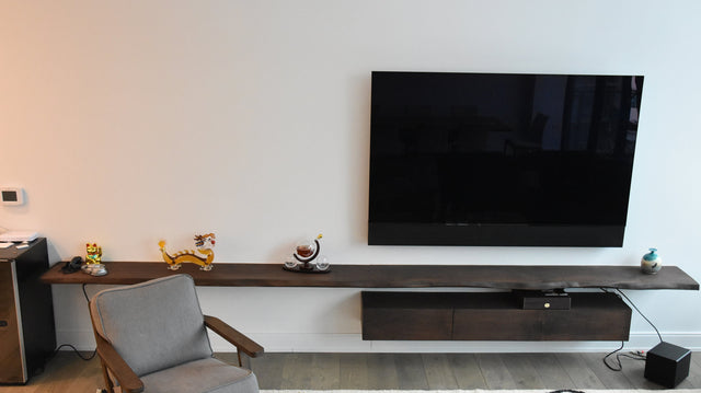 Floating Live Edge Shelves Entertainment Center w/ Solid Black Walnut Cabinet