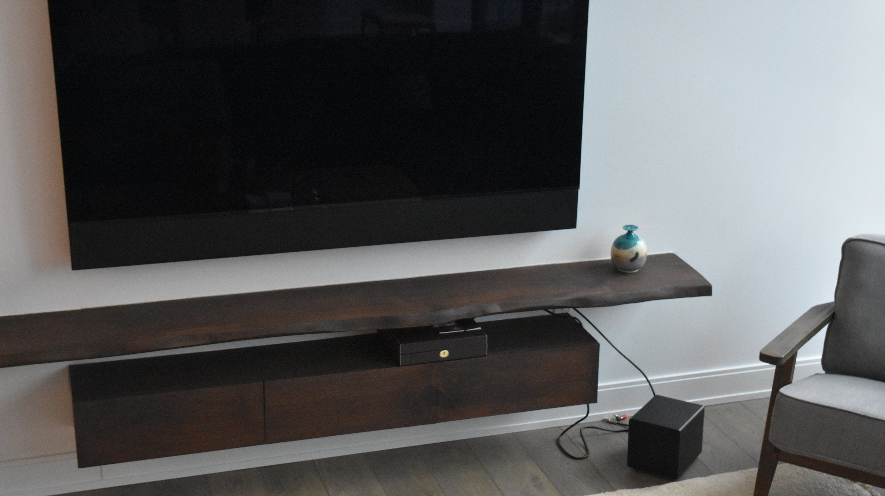 Floating Live Edge Shelves Entertainment Center w/ Solid Black Walnut Cabinet