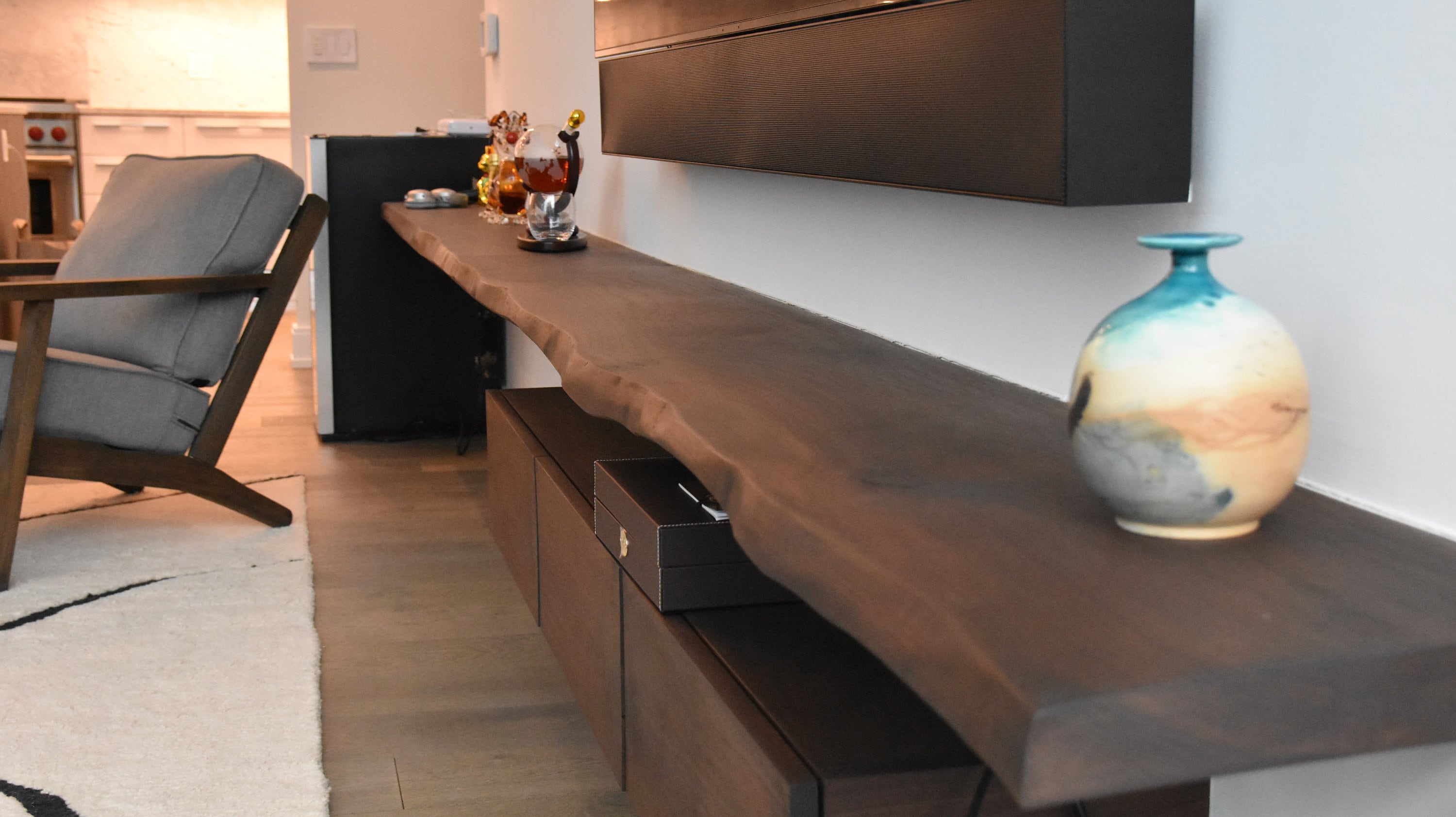 Floating Live Edge Shelves Entertainment Center w/ Solid Black Walnut Cabinet