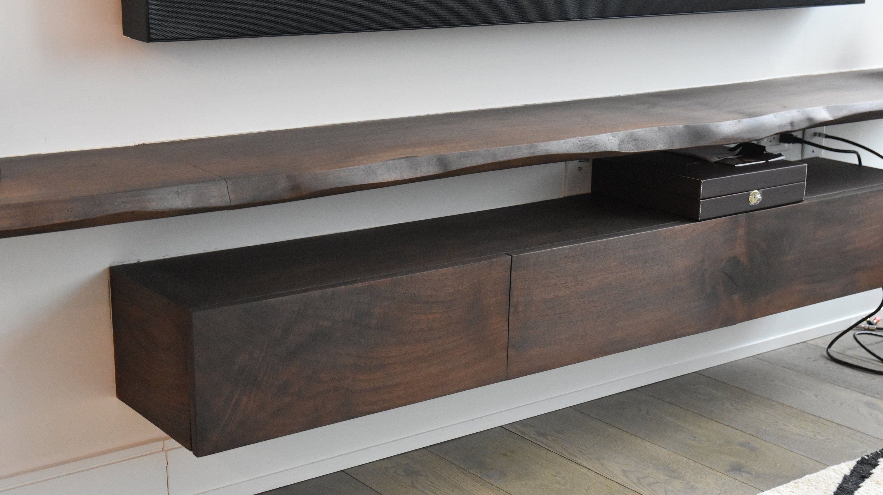 Floating Live Edge Shelves Entertainment Center w/ Solid Black Walnut Cabinet