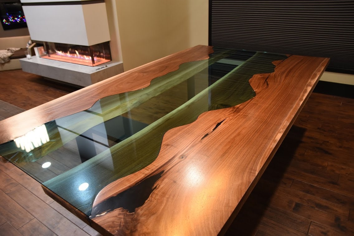 Handmade Black Walnut Live Edge River Dining Table